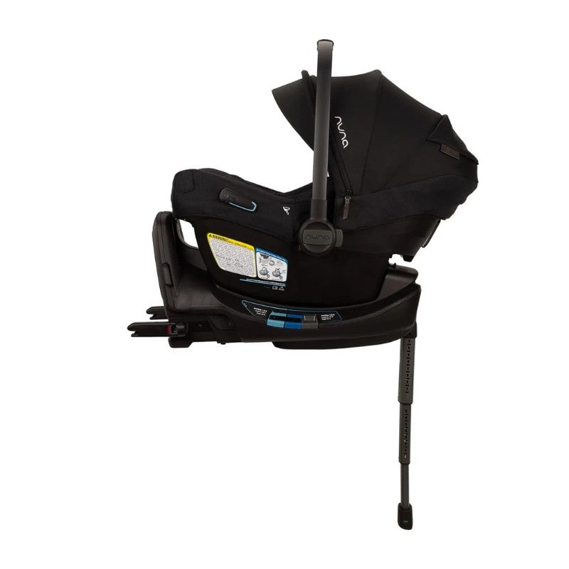 Nuna Triv Lx and Pipa Aire Rx travel system in caviar color, featuring a car seat with a base and support leg.