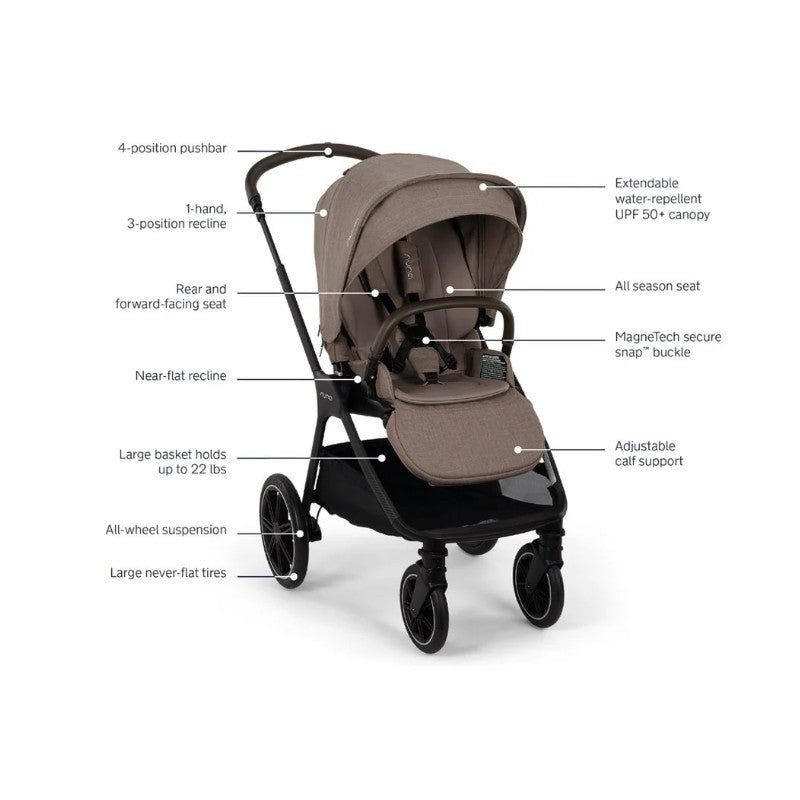 Nuna Triv Lx stroller in Cedar color with detailed features, including adjustable pushbar, multi-position seat, and large wheels.