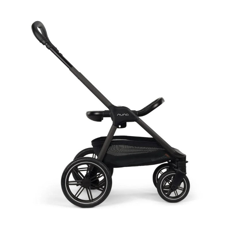 Nuna Triv Lx stroller in Cedar, featuring a black frame, large wheels, and a spacious undercarriage for storage.