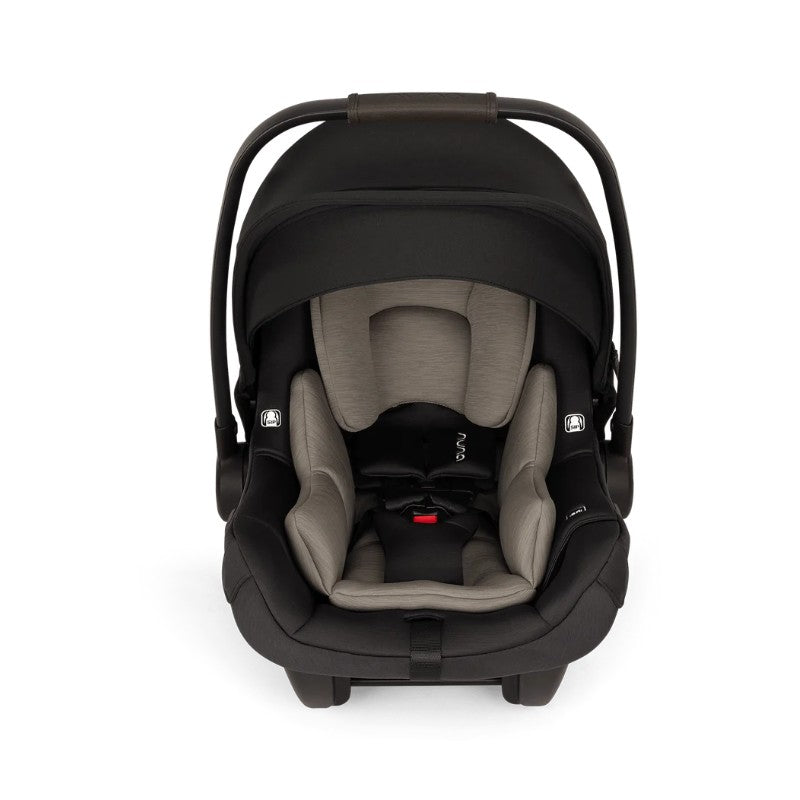 Travel system bundle featuring Nuna Triv Lx stroller and Pipa Aire infant car seat in caviar color, showcasing safety and comfort features.