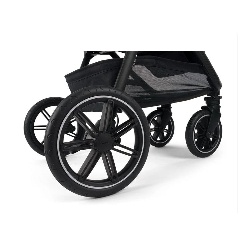 Black Nuna Triv Lx stroller wheels with sleek design and durable tires, showcasing stability and maneuverability.