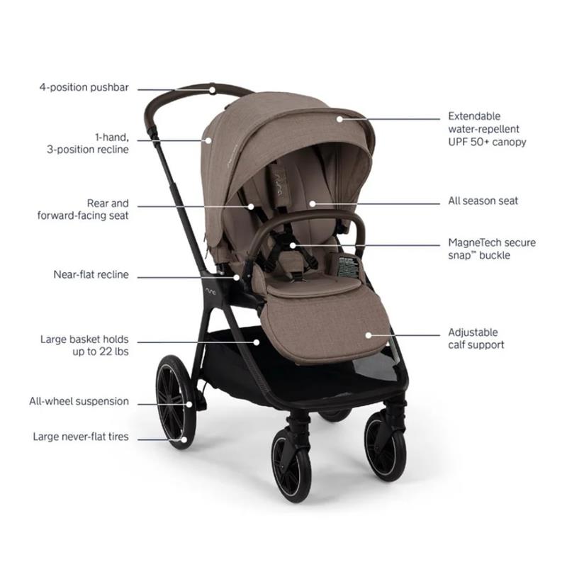 Nuna Triv Lx stroller in Cedar color features a 4-position pushbar, adjustable canopy, and a large basket for storage.