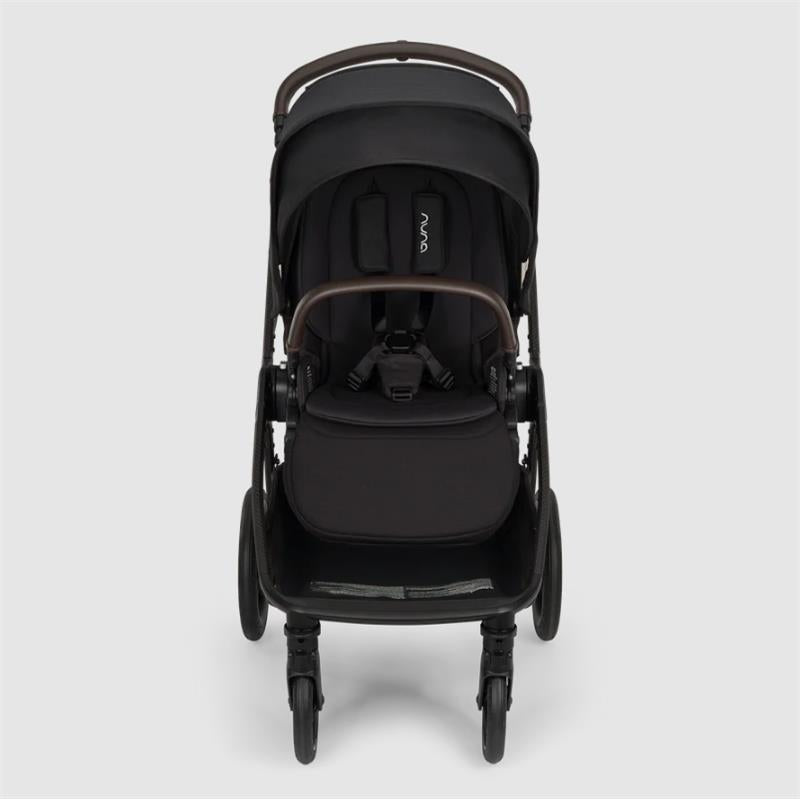 Nuna Triv Lx stroller in Caviar color, featuring a reclining seat, safety harness, and a modern design.