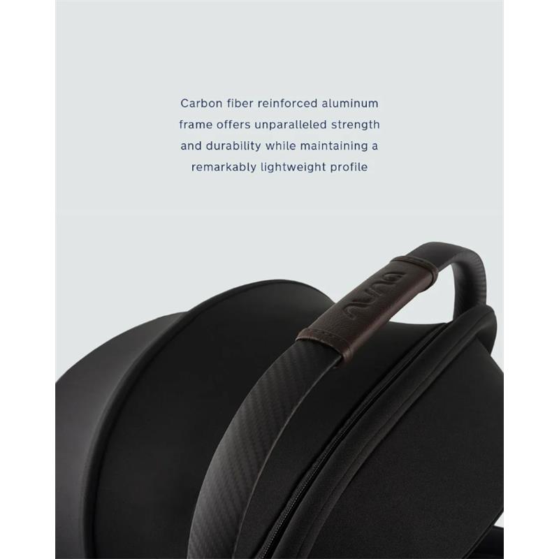 Nuna Triv Lx stroller with black and carbon fiber features and a brown handle, highlighting its lightweight and durable design.