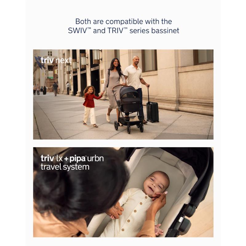 Nuna Triv Lx + Pipa Urbn travel system in caviar color, featuring a stroller and infant seat with a happy baby.