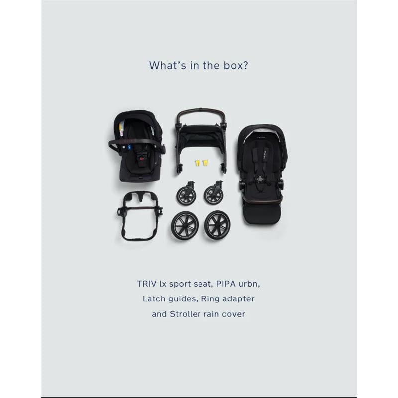 Nuna Triv Lx + Pipa Urbn travel system components including a sport seat, infant car seat, wheels, and accessories on a light background.