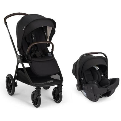 Nuna Triv Lx stroller in caviar color, featuring a large canopy and a removable Pipa Urbn infant car seat.