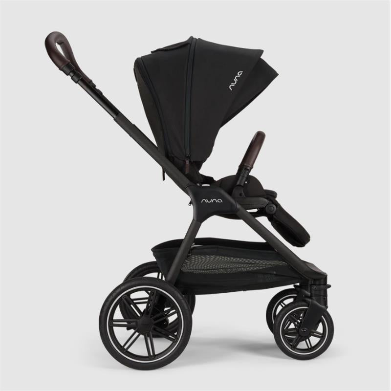 Nuna Triv Lx travel system in caviar color, featuring a sturdy frame, large wheels, and a reclined seat with a canopy.