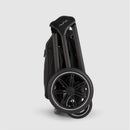 Nuna Triv Lx stroller in Caviar color, folded with a prominent wheel and handle design.