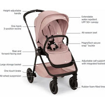 Nuna TRIV™ next Stroller in Thistle color featuring a height-adjustable handle, magnetic buckle, and extendable canopy.