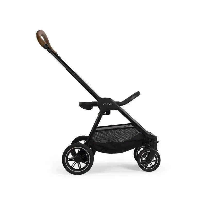Nuna TRIV™ next stroller in Caviar/Cognac, featuring a sleek black design, magnetic buckle, and tan handle.