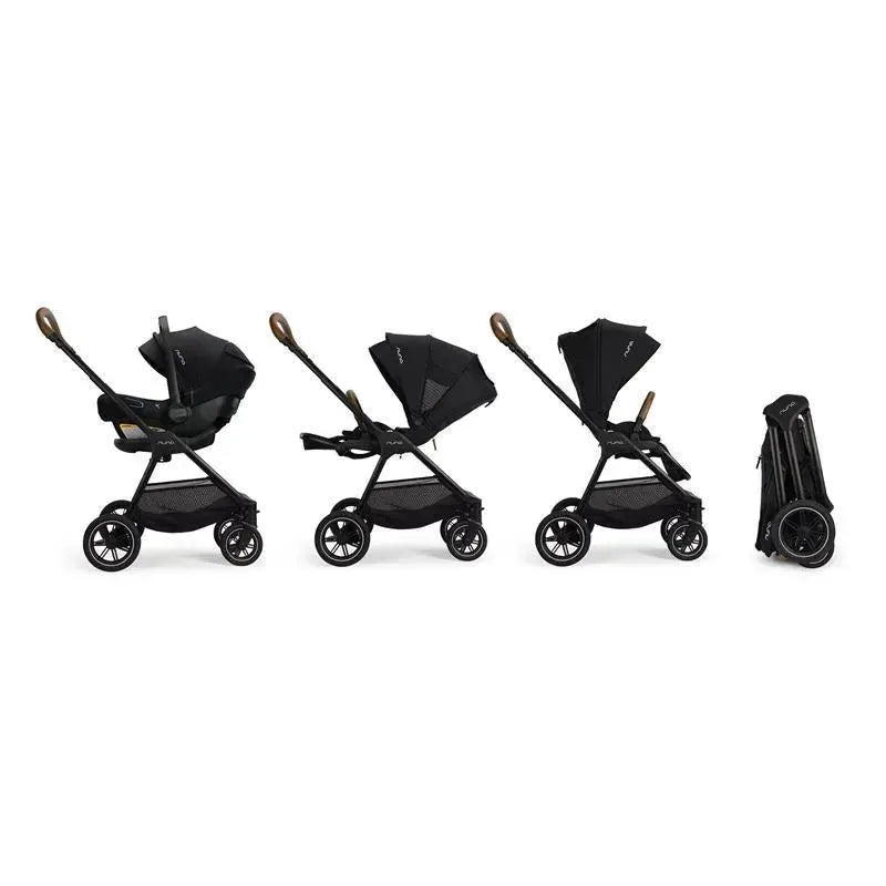 Nuna TRIV™ next stroller in Caviar/Cognac color, shown in different configurations and folded for compact storage.