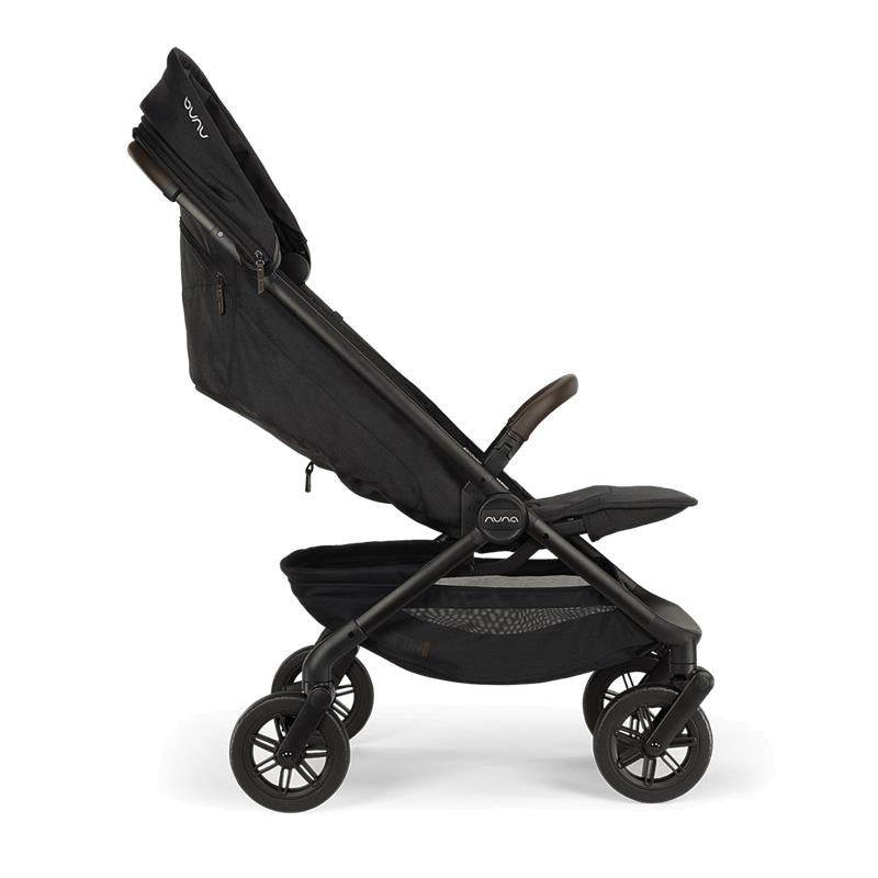 Nuna Trvl 360 Compact Stroller in Caviar color, featuring a sleek design, adjustable backrest, and large wheels for mobility.