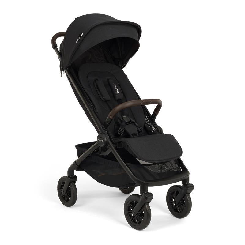 Nuna Trvl 360 Compact Stroller in Caviar color features a sleek design, adjustable canopy, and padded seat for comfort.