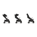 Nuna Trvl 360 Compact Stroller in Caviar, shown from three angles with a sleek black design and adjustable canopy.