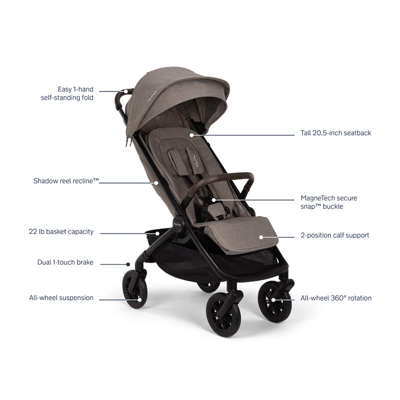 Nuna Trvl 360 Compact Stroller in Cedar color featuring easy one-hand fold, tall seatback, and all-wheel suspension.