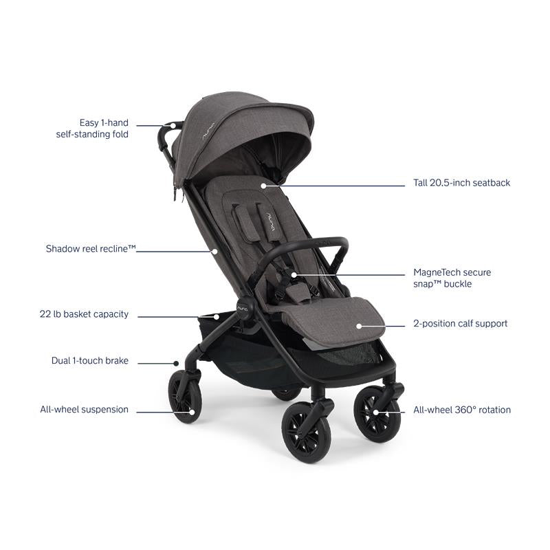 Nuna Trvl 360 Compact Stroller in Pewter, featuring a tall 20.5-inch seatback, self-standing fold, and all-wheel suspension.