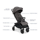 Nuna Trvl 360 Compact Stroller in Pewter, featuring a tall 20.5-inch seatback, self-standing fold, and all-wheel suspension.