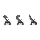 Nuna Trvl 360 Compact Stroller in Pewter, shown in three angle views displaying its adjustable seat and sleek design.
