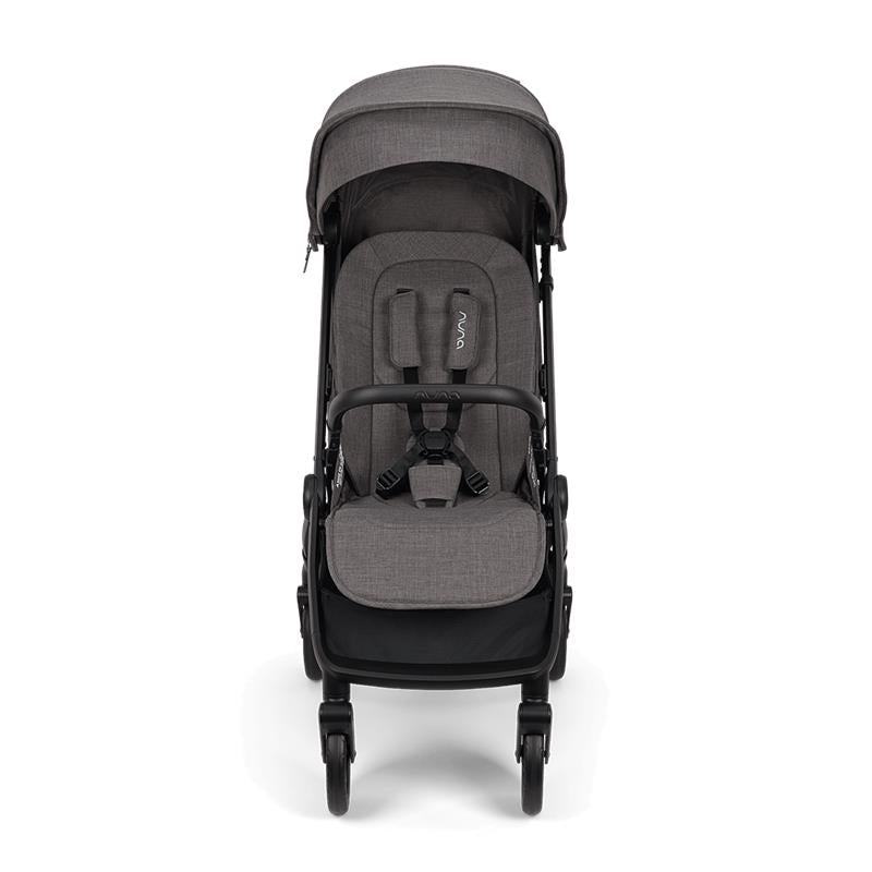 Nuna Trvl 360 Compact Stroller in pewter color, featuring a padded seat, adjustable canopy, and wheels for easy maneuverability.