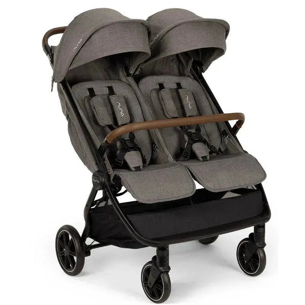 Double stroller with a sleek granite fabric design, adjustable canopies, and a wooden handlebar for comfort and style.
