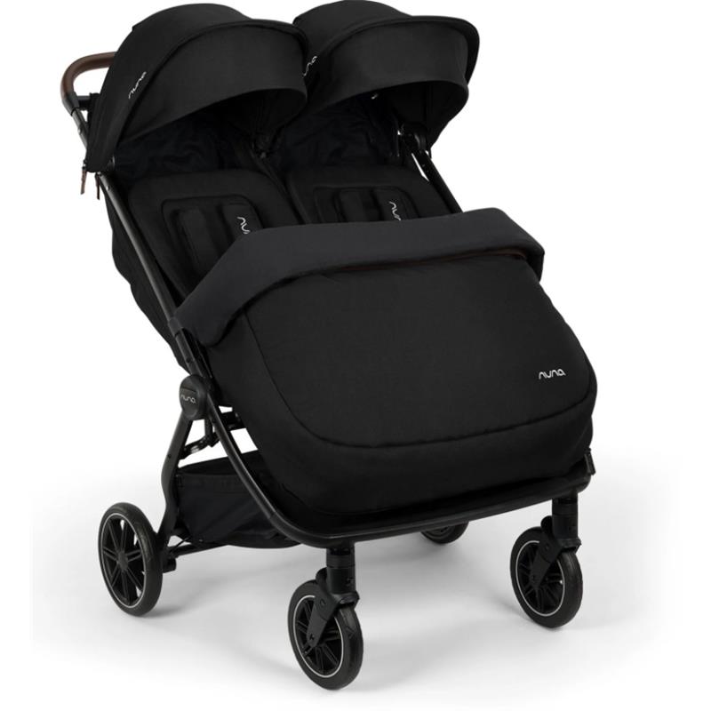 Nuna TRVL™ dubl Footmuff in Caviar color, designed to provide warmth and comfort for dual seating in a stroller.
