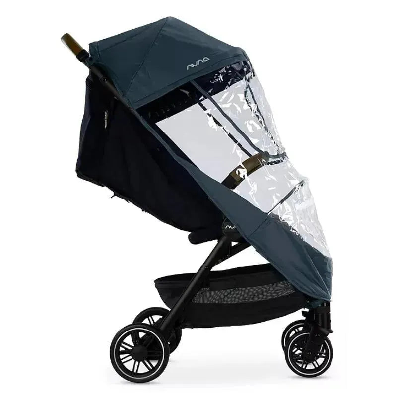Nuna TRVL™ Series Rain Cover fitted over a stroller, featuring a clear front panel for visibility and rain protection.