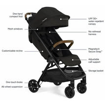 Nuna Trvl stroller in Ocean color features a compact fold, UPF 50+ canopy, customizable recline, and all-wheel suspension.