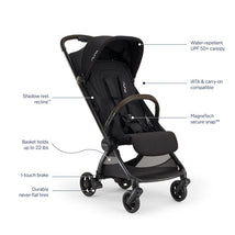 Nuna VIAA™ cabn Ultra-Compact Stroller in Caviar, featuring a UPF 50+ canopy, 1-touch brake, and durable tires.