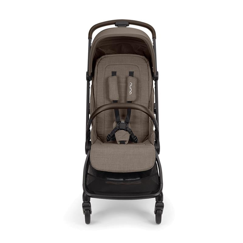 Nuna VIAA™ cabn Ultra-Compact Stroller in Cedar color, featuring a padded seat, harness system, and a sleek, modern design.