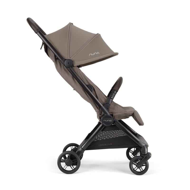 Nuna VIAA™ cabn Ultra-Compact Stroller in Cedar color, featuring a large canopy and a lightweight, foldable design.