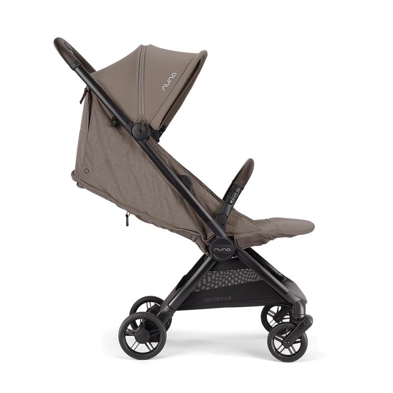 Ultra-compact Nuna VIAA™ cabn stroller in Cedar color with a reclining seat and retractable canopy.