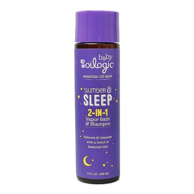 Oilogic Baby Slumber & Sleep 3-in-1 Vapor Bath, Shampoo & Body Wash in a purple bottle with essential oil benefits.