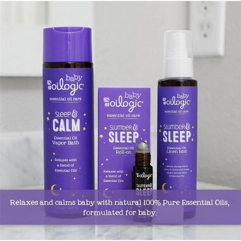 Oilogic Baby Slumber & Sleep 3-in-1 Vapor Bath, Shampoo & Body Wash products displayed: Vapor Bath, Roll-on, and Linen Mist.