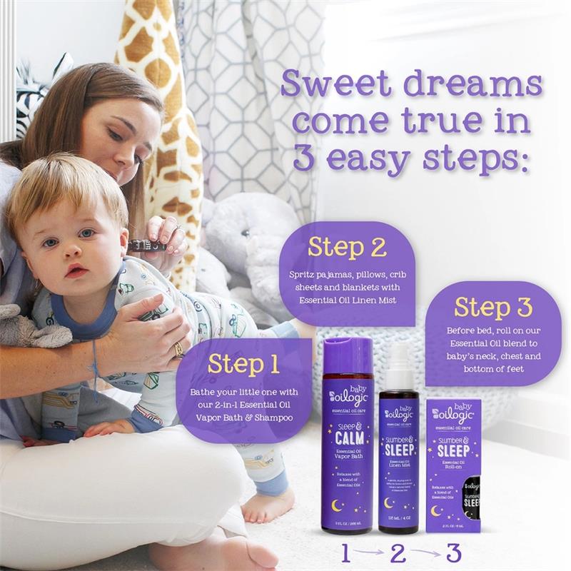 Mom sits with her toddler, holding essential oil products; instructions for bedtime routine and Oilogic Baby Slumber & Sleep displayed.