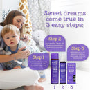 Mom sits with her toddler, holding essential oil products; instructions for bedtime routine and Oilogic Baby Slumber & Sleep displayed.