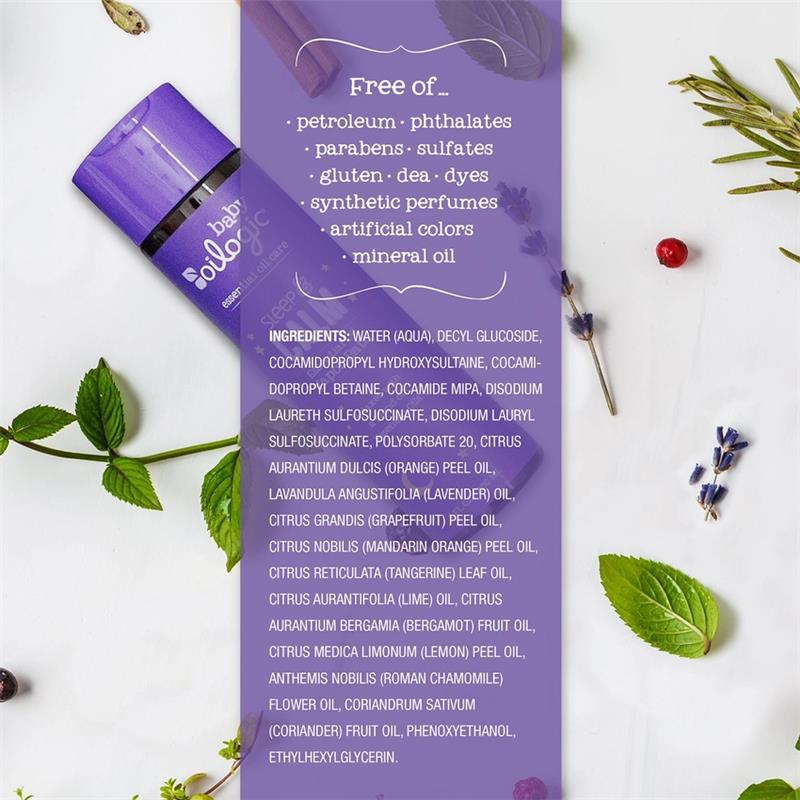 Oilogic Baby Slumber & Sleep 3-in-1 Vapor Bath, Shampoo & Body Wash bottle with ingredients and free-from list on purple background.