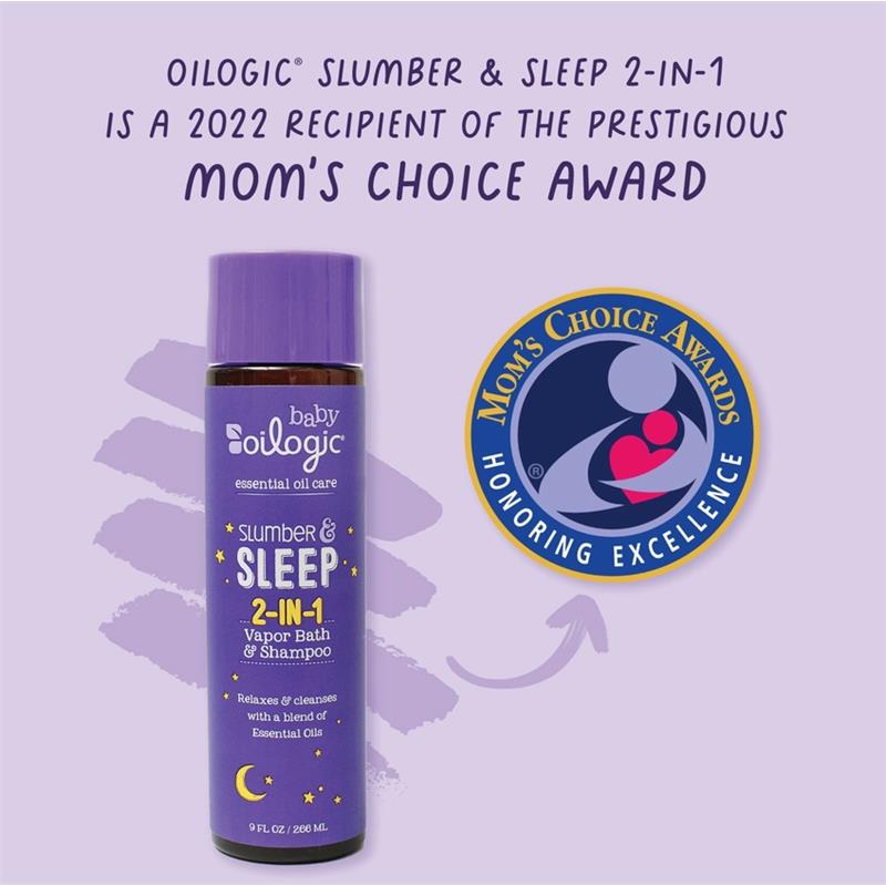 Oilogic Baby Slumber & Sleep 2-in-1 Vapor Bath, Shampoo & Body Wash in a purple bottle with award logo on light purple background.