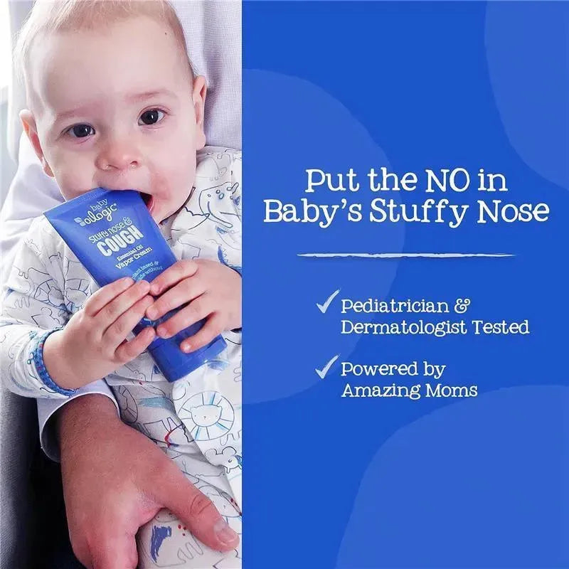Baby holding Oilogic Baby Soothing Vapor Cream for cough relief, features text about pediatrician testing and effectiveness.