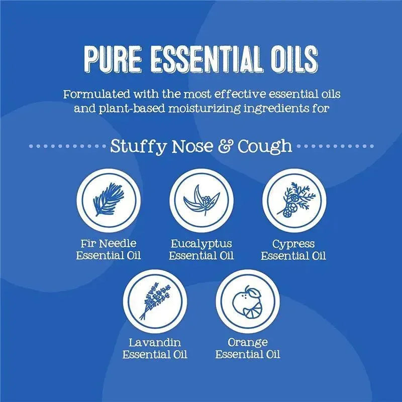 Pure Essential Oils for Stuffy Nose & Cough featuring Fir Needle, Eucalyptus, Cypress, Lavandin, and Orange essential oils.