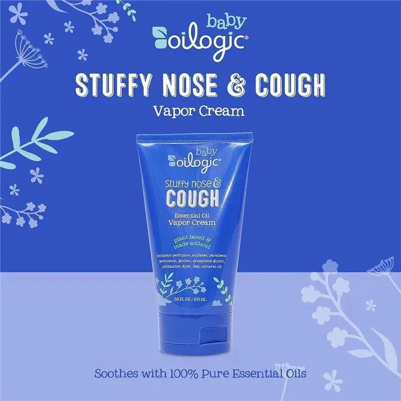 Blue tube of Oilogic Baby Soothing Vapor Cream for stuffy nose and cough, featuring essential oils and a floral design.