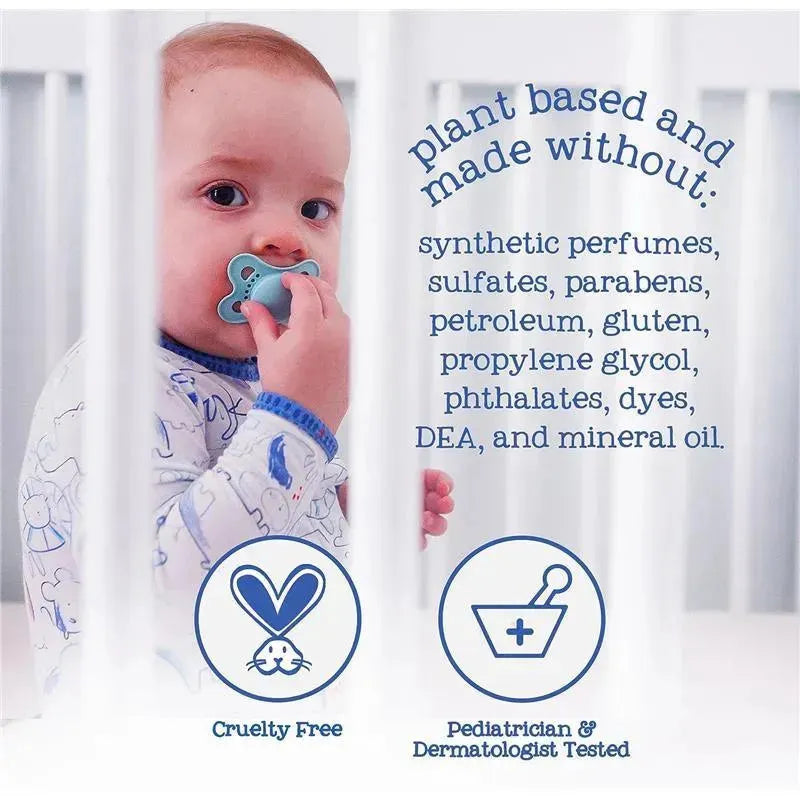 Baby holding a blue pacifier behind crib bars, with text highlighting that the product is plant-based and free from harmful ingredients.