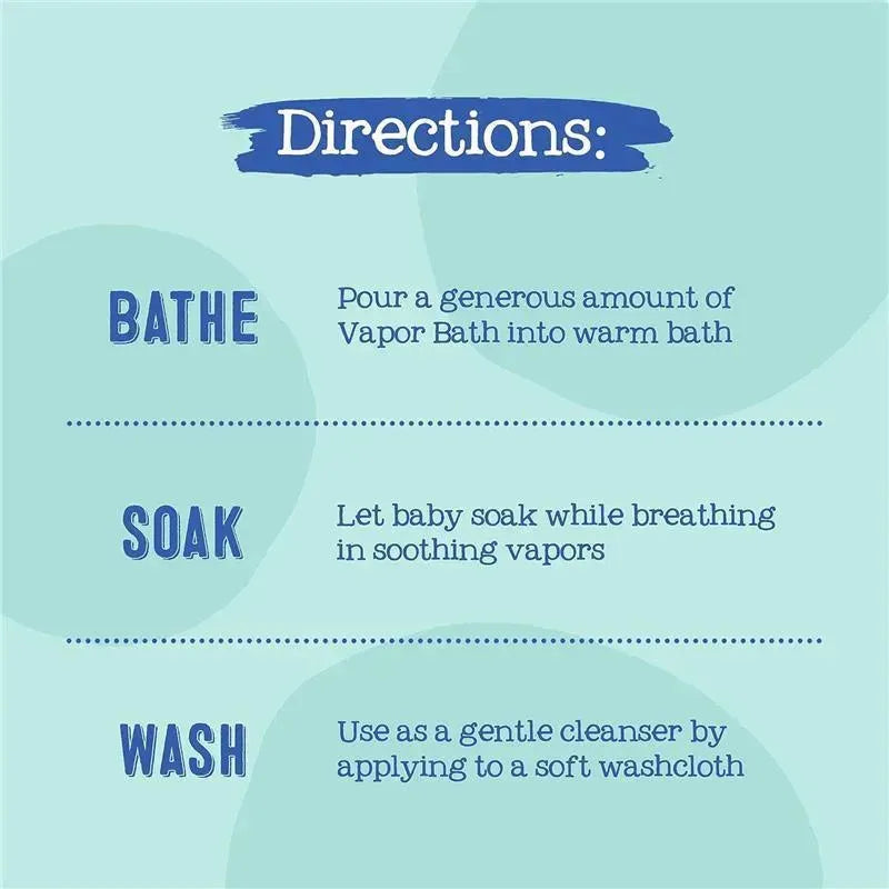 Directions for Oilogic Baby Vapor Bath: Bathe, soak, and wash instructions for soothing relief.