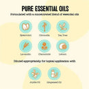 Blend of essential oils including spearmint, citronella, tea tree, lavandin, chamomile, and lemon, with carrier oils jojoba and grapeseed.