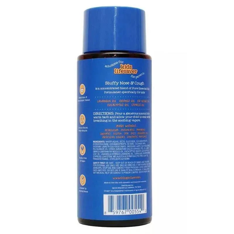 Oilogic Kids Cold & Cough Vapor Bath, featuring a blue bottle with essential oils like lavender and eucalyptus, provides soothing relief for children.