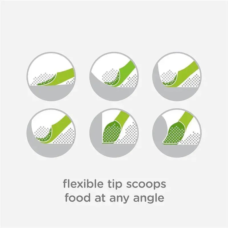 Flexible training spoon tips designed to scoop food at any angle, illustrating various scoop positions.