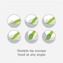 Flexible-tip spoons in circular graphics demonstrate scooping food at various angles, highlighting usability.