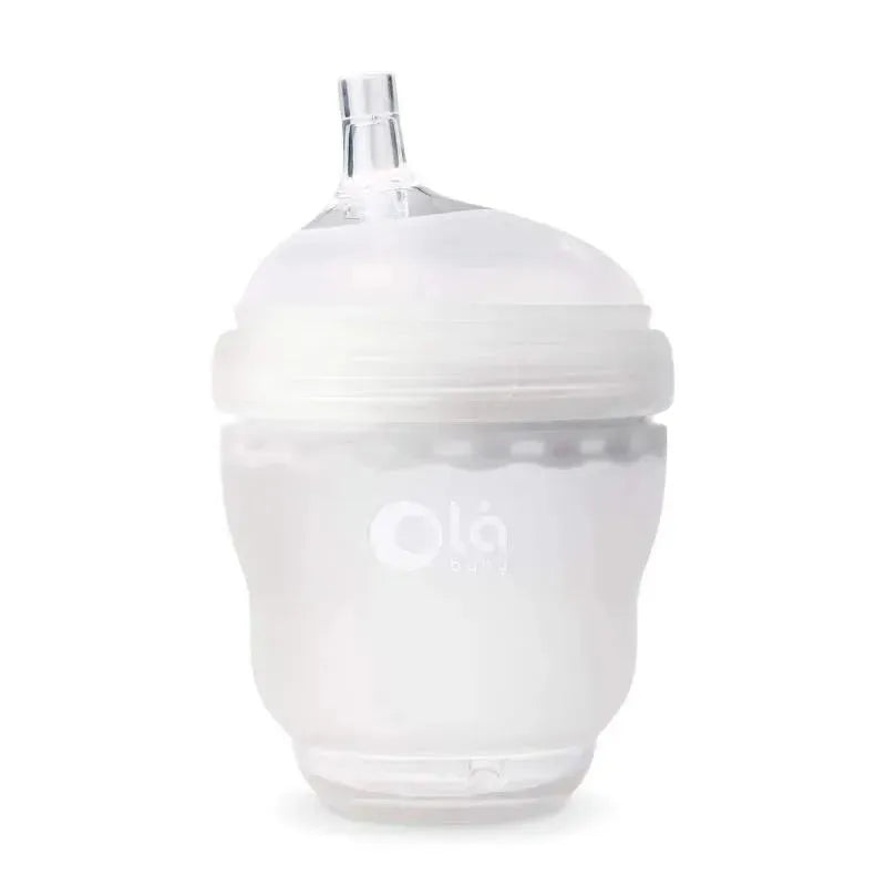 Ola Baby Gentle Bottle with a straw lid; clear design features a gentle spout for easy sipping.