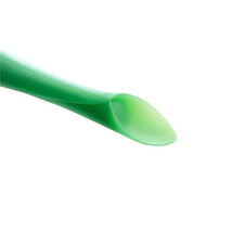 Bendable green baby training spoon teether with a soft, rounded tip, designed for soothing and learning to self-feed.