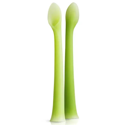 Two green baby feeding spoons designed for infants, featuring soft, rounded tips for safe feeding.